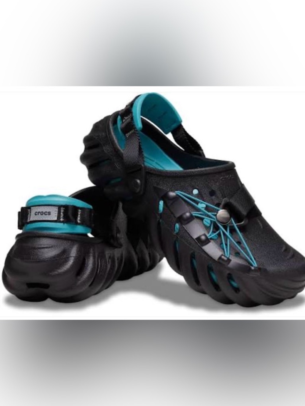 ECHO REFLECTIVE LACES Crocs Clog Unisex Black wi/Teal Accents and Bungee Lacing